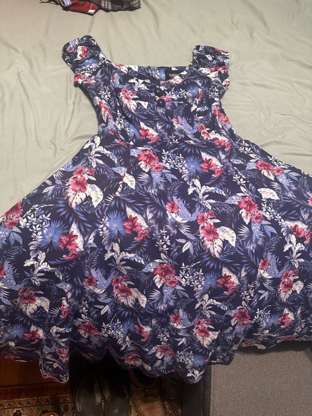 Collectif Navy Floral Swing Dress with Pink & White Blooms